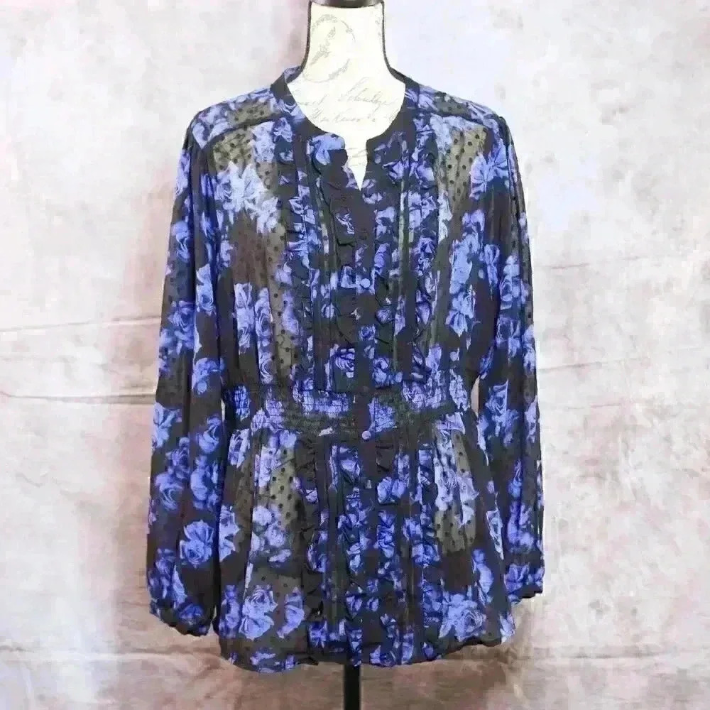 Torrid Size 1 sheer button front w/ruffle along button line blue/black abstract